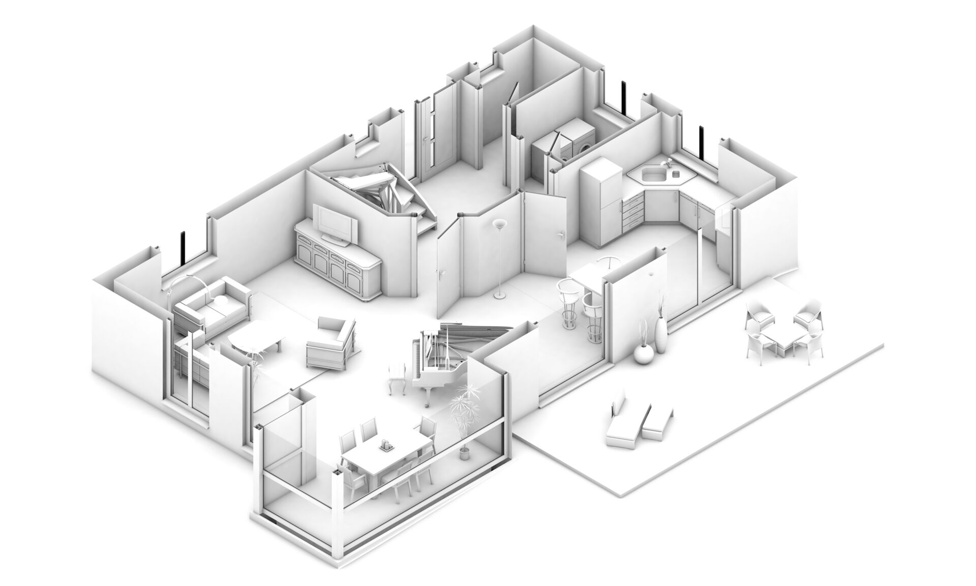 Grundrissvisualisierung von SCHULER INVESTMENTS: Detaillierte 3D-Ansicht eines modernen Wohnbereichs mit Terrasse und Einrichtung.