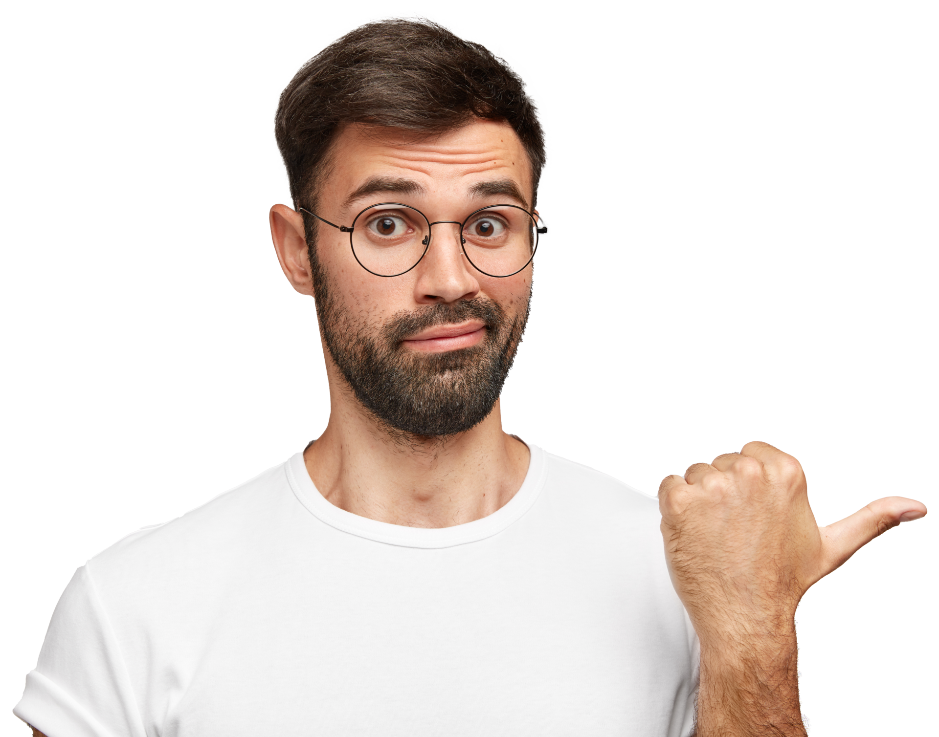 Mann mit Brille und Bart zeigt mit dem Daumen nach rechts. Symbol für Empfehlung oder Hinweis auf SCHULER INVESTMENTS.